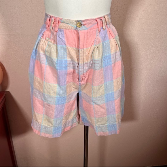 Vintage 80 90 Snazz peach blue preppy Plaid high Waist Bermuda Shorts - Picture 8 of 17